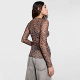 Mesh round Neck Leopard Print Top