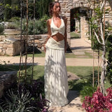 V neck Ruffled Halter Spaghetti Straps Detail Twisted Skirt Set