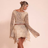 Snake Pattern Printed Long Sleeved Top Slim Ribbon Skirt Outfit