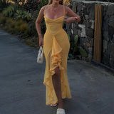 High Grade Mesh Camisole Pleated Irregular Asymmetric Sleeveless Dress