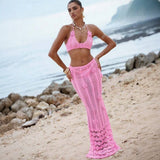 Sexy Floating Floral Cropped Outfit Bikini Strap Halter Knitted Swimsuit Dress