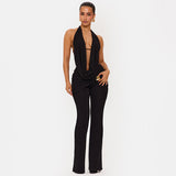 Hanging Collar Backless Top Bootcut Pants Set