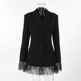 Black Autumn Winter Lace Stitching Office Women Long Sleeve Blazer
