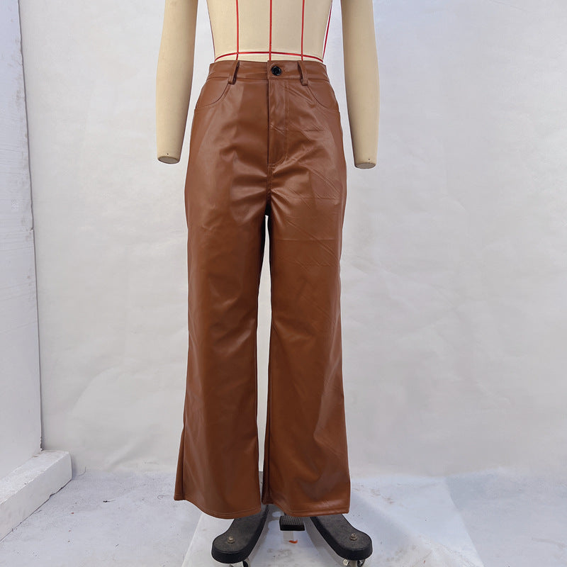 Wide Leg Straight Casual Leather Pants Retro Trousers