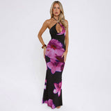 Floral Print Cross Lace up Fishtail Maxi Dress