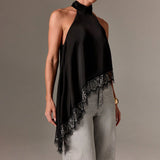 Summer Satin Stitching Lace Vest Halter Sleeveless Small Stand Collar off Shoulder Irregular Asymmetric Top