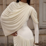 Trimming Pleated Long Sleeve Dress