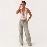 Sequined Halter Backless Lace up Sling Vest