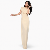One Shoulder Cold Shoulder Waist Tight Long Solid Color Dress