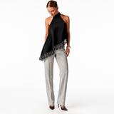 Summer Satin Stitching Lace Vest Halter Sleeveless Small Stand Collar off Shoulder Irregular Asymmetric Top