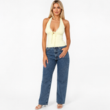 Sexy Top Summer Beach Yellow Lace Halter Strap Slim Fit Short Vest Women Outer Wear