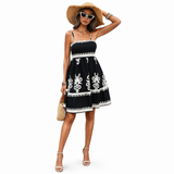 Smocking Wrapped Chest Suspender Vacation Positioning Printing Backless Dress Women