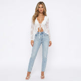 Women Clothing Sexy Lace See through V neck Cardigan Lace up Long Sleeve Top