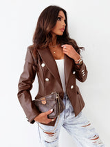 New Long Sleeve Double Breasted Fashionable Faux Leather Jacket - Angelique