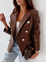 New Long Sleeve Double Breasted Fashionable Faux Leather Jacket - Angelique