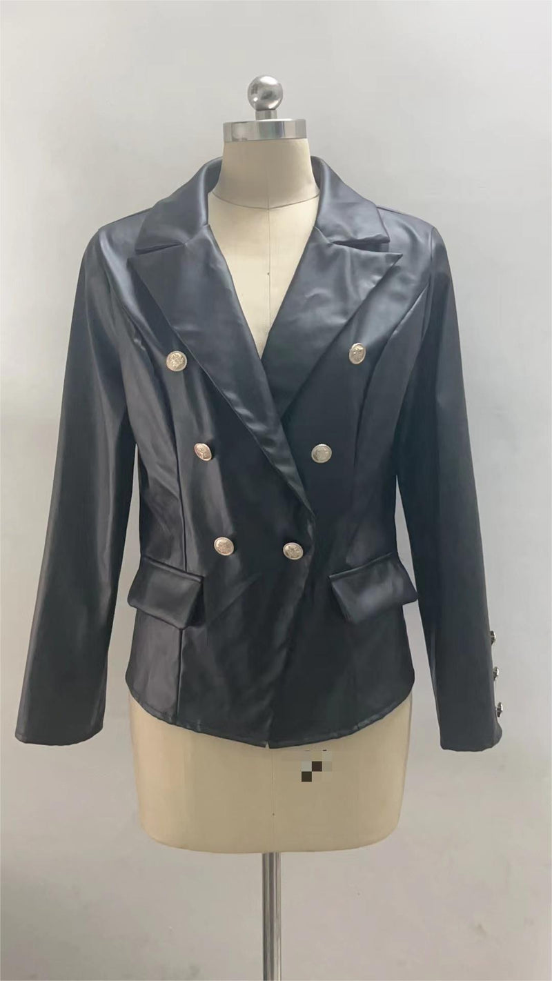 New Long Sleeve Double Breasted Fashionable Faux Leather Jacket - Angelique