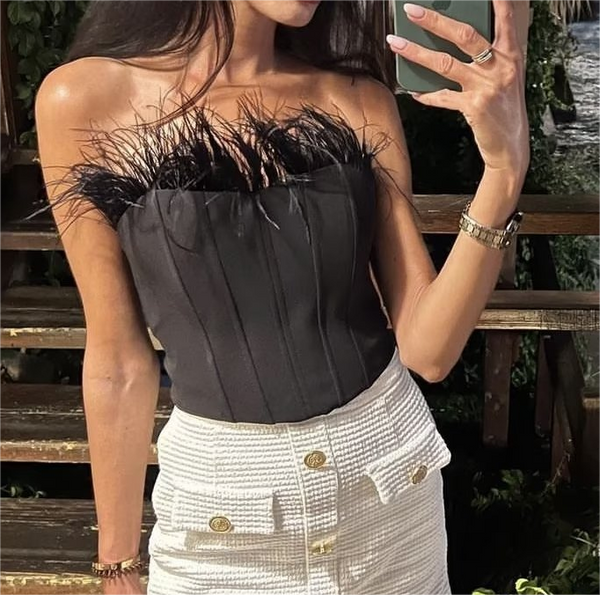 French Sexy Feather Corset Top