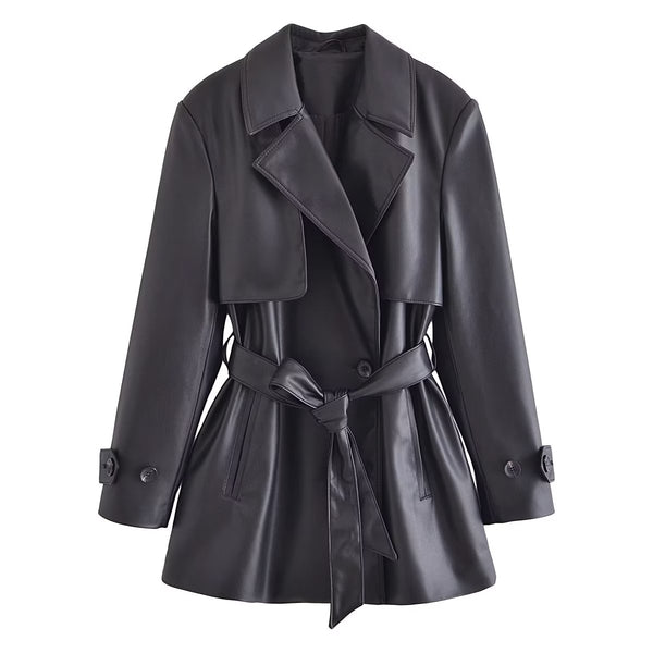 Faux Leather Mid Length Trench Coat