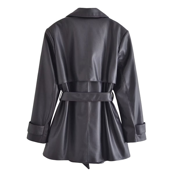 Faux Leather Mid Length Trench Coat