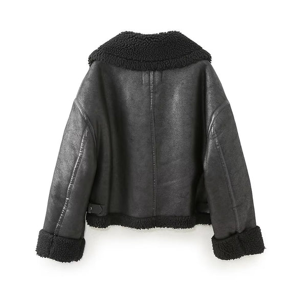 Faux Leather Polo Collar Jacket