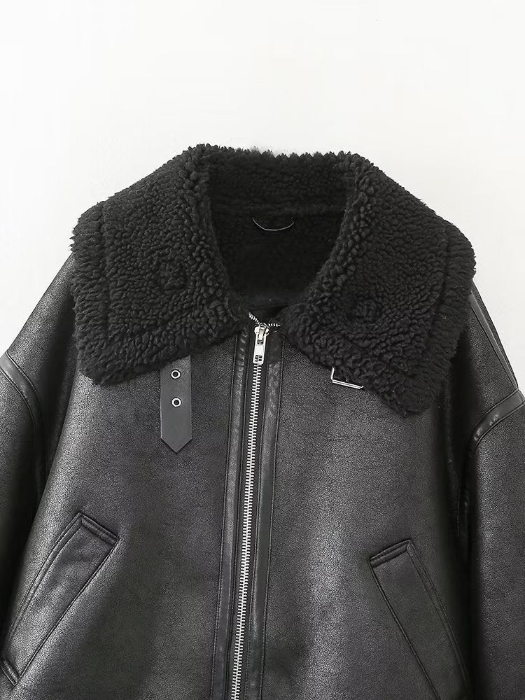 Faux Leather Polo Collar Jacket