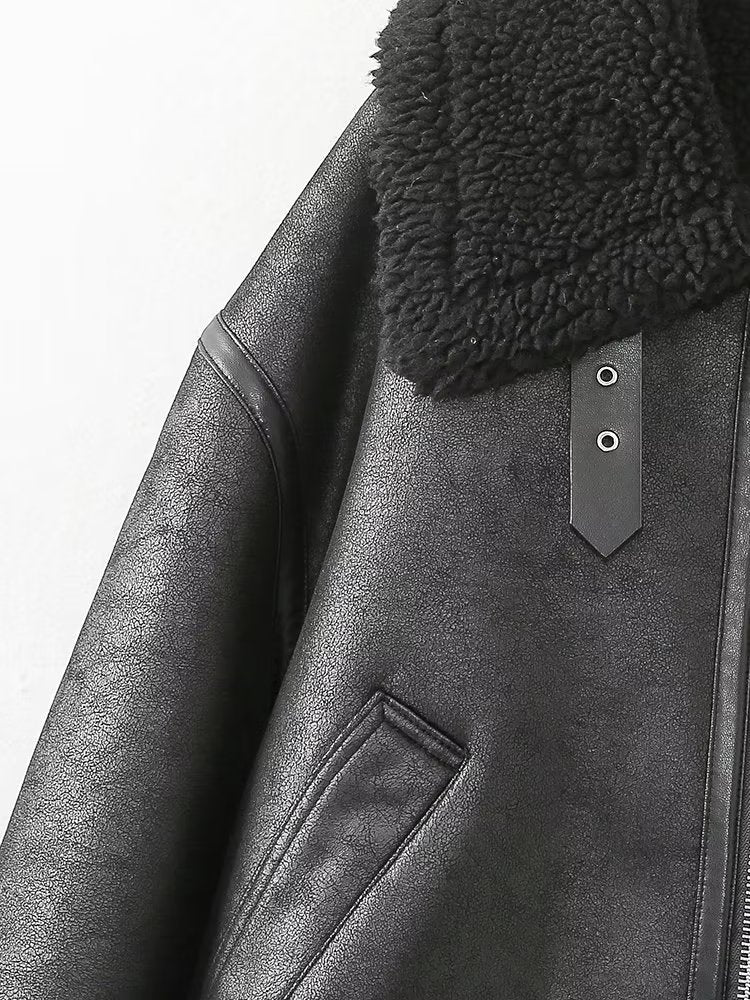 Faux Leather Polo Collar Jacket