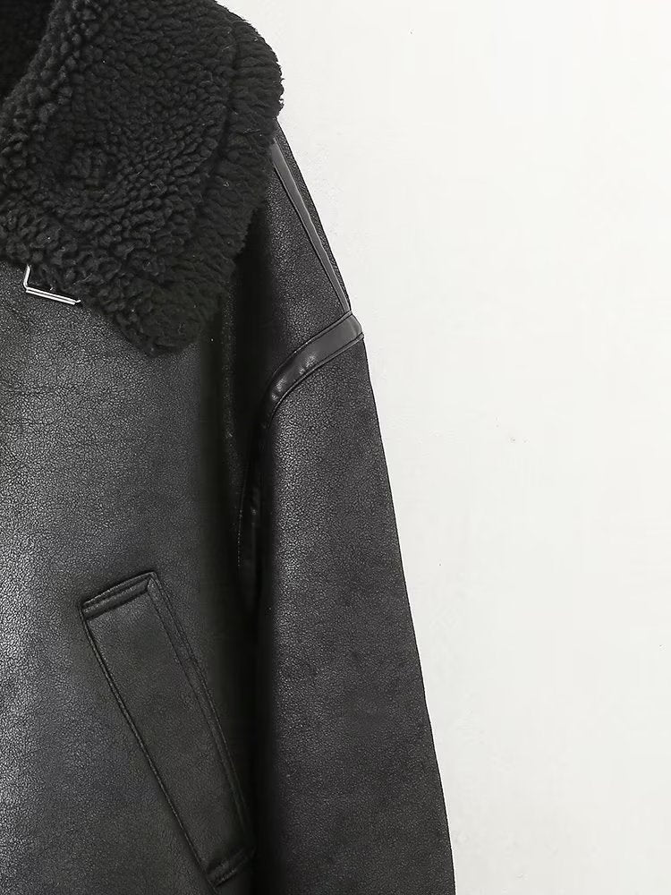 Faux Leather Polo Collar Jacket