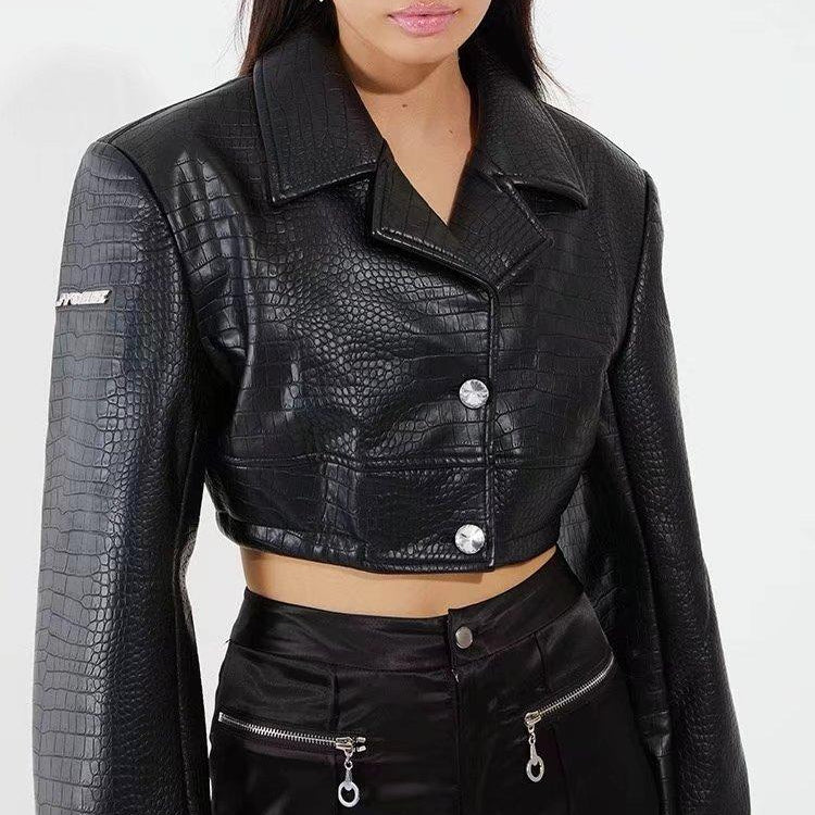 Crocodile Pattern  High Waist Leather Jacket