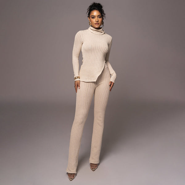 Solid Color Turtleneck Wool Sunken Stripe Casual Set