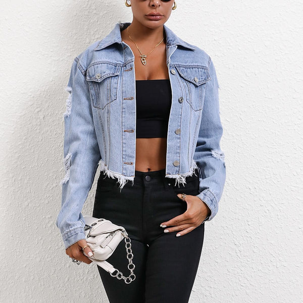 Women  Casual Loose Hole  Denim Coat