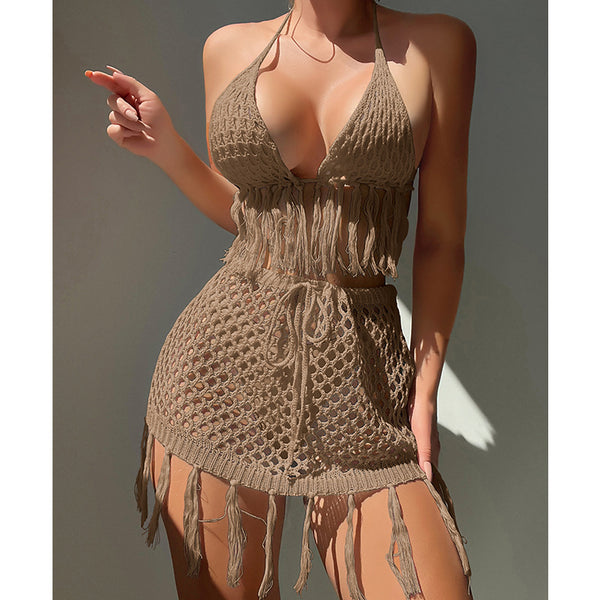 Knitted Lace Up Tassel Bikini Skirt