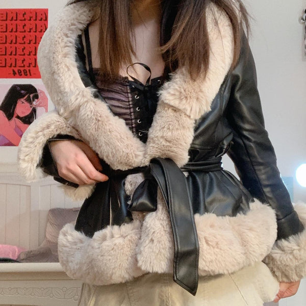 Big Fur Collar Waist Women Leather Coat