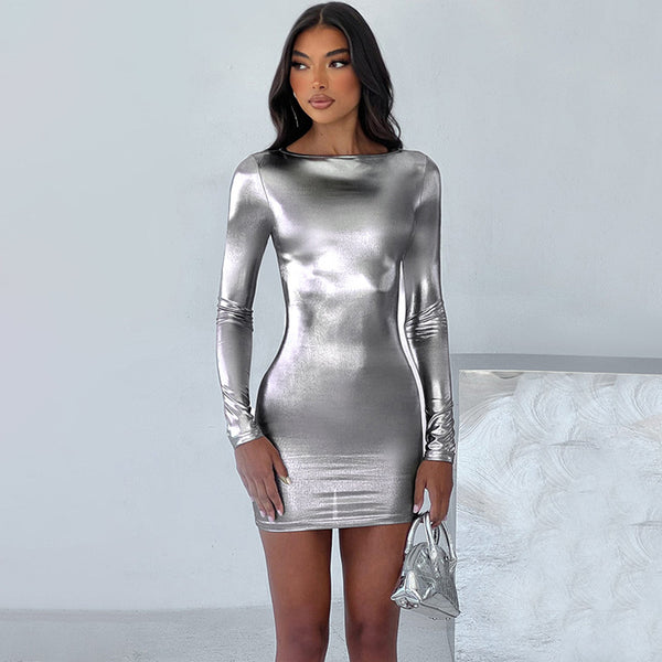 Long Sleeves Metallic Coated Fabric Dress