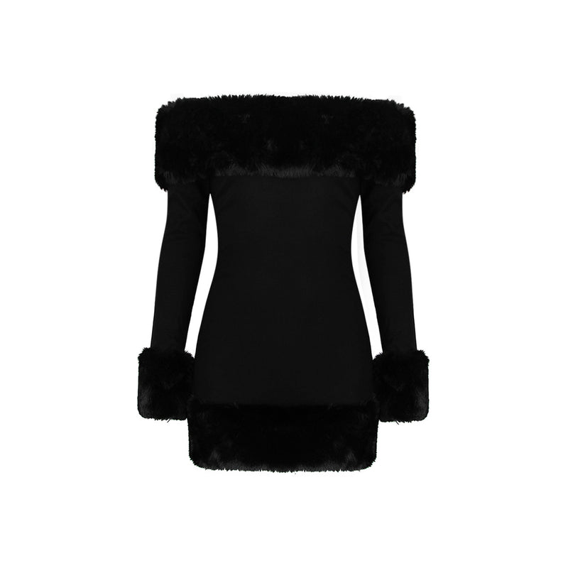 Black Plush Long Sleeve off Shoulder Fur Dress