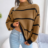 Women  Casual Striped   Half Turtleneck Knitted Sweater