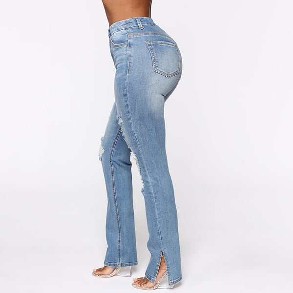 Verwaschene, zerrissene Stretch-Jeans mit hoher Taille