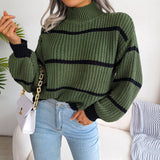 Women  Casual Striped   Half Turtleneck Knitted Sweater