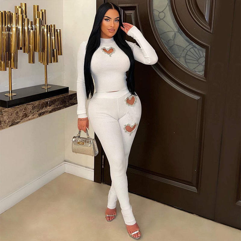 Cutout Love Rhinestone  Pants Suit