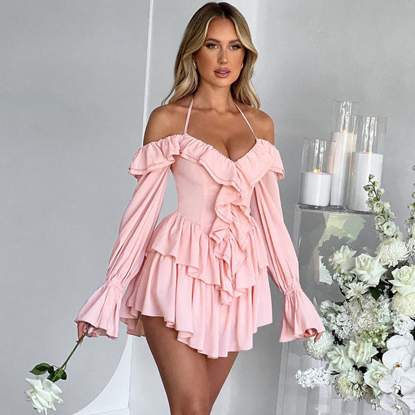 Low Cut Ruffled Long Sleeve Romper