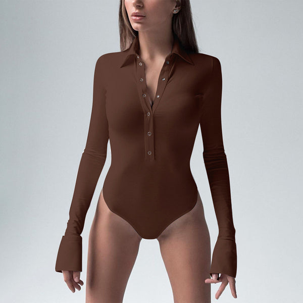 Slim Long Sleeve Button Collared Bodysuit