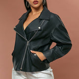 Women Collared Slim Faux Leather Jacket