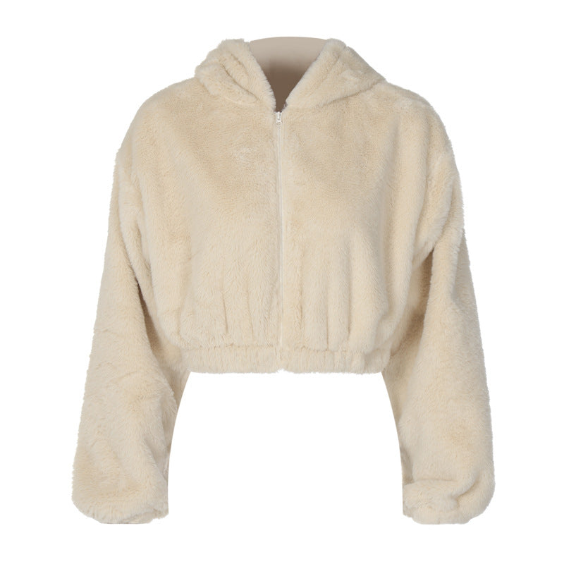 Zipper Hooded Plush Long Sleeved Top