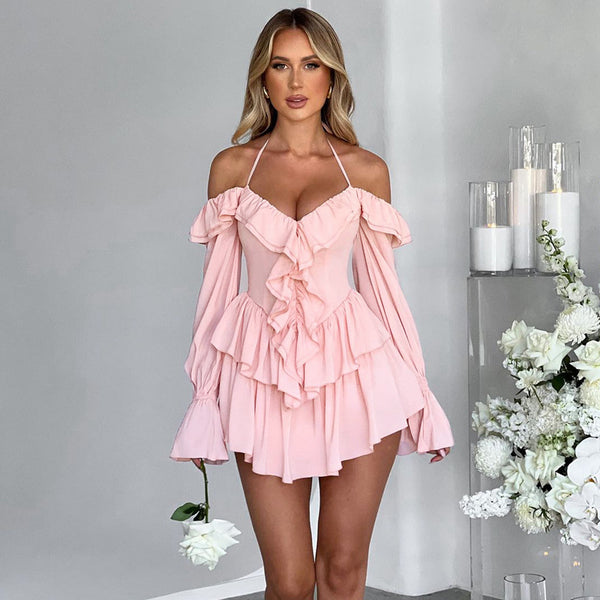 Low Cut Ruffled Long Sleeve Romper