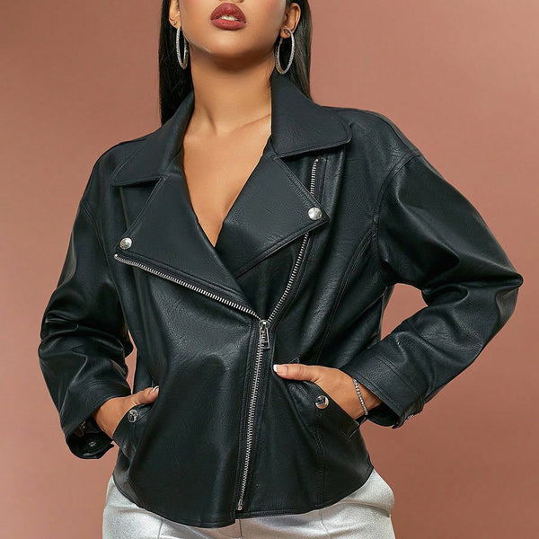 Women Collared Slim Faux Leather Jacket