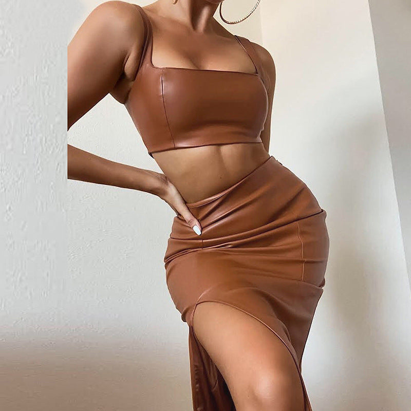 Faux Leather Vest Slim Fit Slit Skirt Set