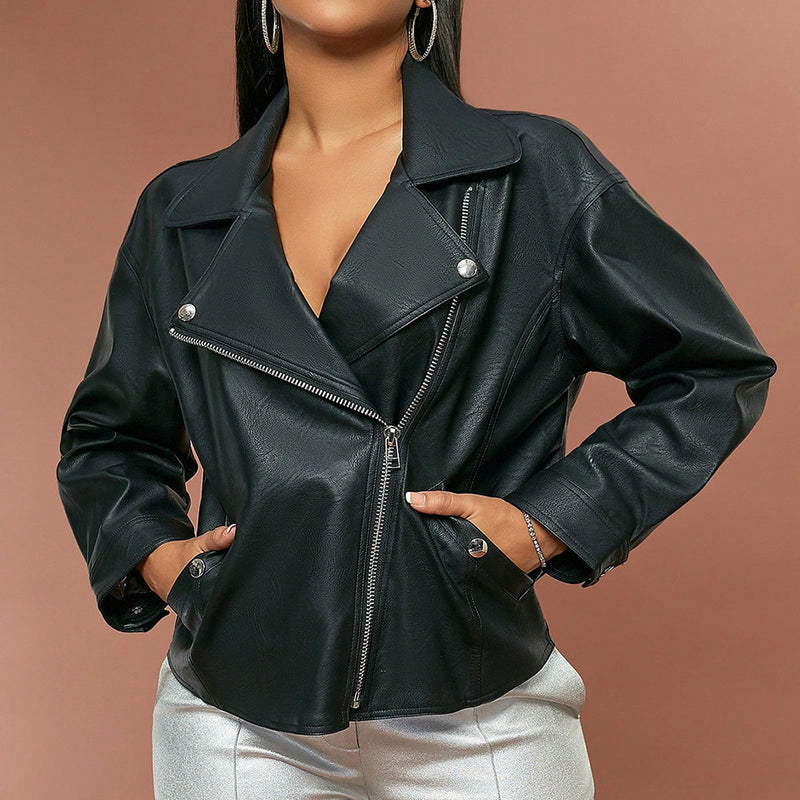 Women Collared Slim Faux Leather Jacket