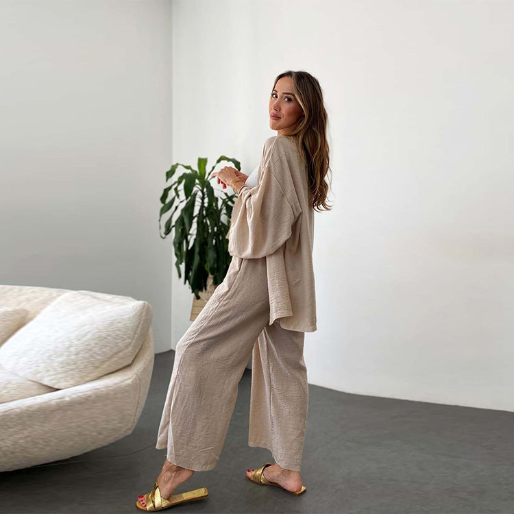 Cardigan Linen Suit Long Sleeved Top & Trousers